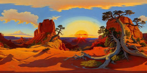 A flawless, ultra-high-res panorama of a wild, untamed Blood Meridian landscape, showcasing stark desert cliffs, twisted juniper trees, a blood-orange horizon, and a sky ablaze with the dying embers of a fiery sunset, a visually striking masterpiece of unparalleled quality.