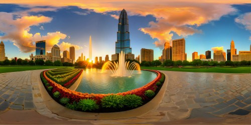 An exquisite, flawlessly detailed city park bathed in golden light, towering skyscrapers embracing lush green spaces, vibrant floral arrangements, fountains, glassy lakes reflecting the sunset, cobblestone pathways, and intricate sculptures amidst a backdrop of a flawless sunset sky – a utopian haven captured in stunning ultra high resolution.