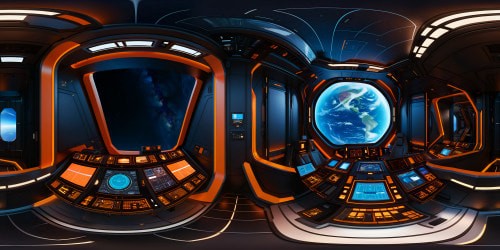 An immaculate, flawlessly detailed view of an opulent spaceship command room, adrift in the vastness of space, boasting a black and orange-themed interior with futuristic holographic screens emitting vibrant displays, bathed in volumetric lighting, showcasing a genius artistry and visionary design in a 360 panorama of unrivaled depth and unmatched quality, a visual masterpiece in ultra-high resolution.