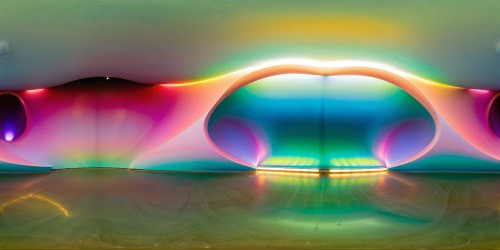 A futuristic, ultra-high-resolution chamber with sinuously curving walls, resplendent in flawless iridescent hues, reflecting light in a mesmerizing display of vibrant colors.