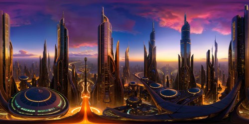 A breathtaking scene depicting a sprawling, futuristic metropolis on an alien world at dusk, towering skyscrapers piercing the sky, neon lights flickering in the twilight, casting an eerie glow on the intricate architecture and reflective surfaces, ultra high-resolution details capturing the flawless curvature of the alien structures and the mysterious shadows that dance between them.