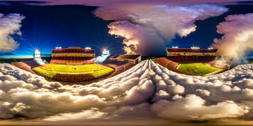 A flawless, ultra-high-resolution panoramic view of a packed FSU football stadium during a thrilling game, vibrant team colors under the stadium lights, colossal jumbotron displaying electrifying plays against a pristine midnight sky.