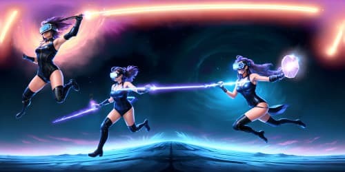 four women wearing dark blue leotards with thigh high boots. they are warriors' one of them is carrying a large glowing hammer_they are running into battle_one has dreadlocks