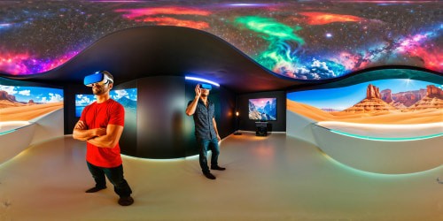 An immaculate, futuristic virtual reality room featuring a suave Hotman with a VR headset, gleaming surfaces, multi-colored LED lights, immersive digital landscapes, ultra high-definition resolution, and a cutting-edge design, a breathtaking showcase of digital artistry.