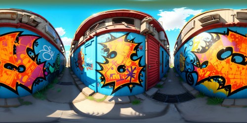 Masterpiece-grade VR360, graffiti-saturated train, vibrancy magnified. Rusted outlines, flip-tag graffiti, enormous mural aesthetics. Adjoining industrial setting, overrun by nature. Bold-stroked graffiti, ultra HD textures, maximum contrast, rich dynamics in color. Intersection of photorealism and street art, VR360 immersion into graffiti realm.