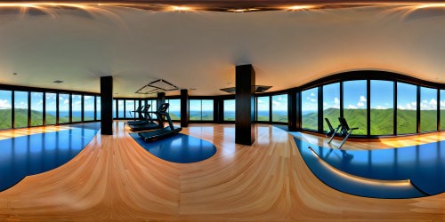 A state-of-the-art rehabilitation gym, an unparalleled masterpiece of design, with gleaming floors, panoramic windows showcasing a lush outdoor landscape, crystal-clear reflections, massive mirror walls reflecting the perfect symmetry, seamlessly integrating technology, and a framed picture of a studio adding a touch of artistic inspiration. Flawless ultra-high resolution detail achieved in every corner.