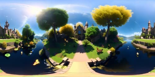 Ducks by a lake infront of a castle