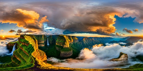 Absolutely stunning ultra high-res masterpiece capturing the flawless beauty of the expansive Ethiopian highlands: terraced emerald valleys glistening under a golden sunrise, majestic cliffs, cascading waterfalls, vibrant wildflowers, and swirling dramatic clouds, a true visual symphony.