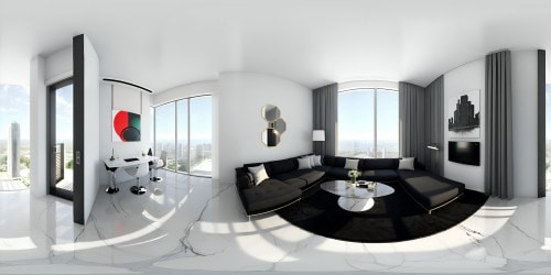 Ultra-high res VR360 view, modern condo interior, minimalist aesthetic. Glossy marble floors, floor-to-ceiling windows, cityscape panorama. Sleek furniture, monochrome palette, hints of metallic accents. Ultra-realistic detailing, impeccably rendered textures, VR360 clarity, masterpiece-level finesse.
