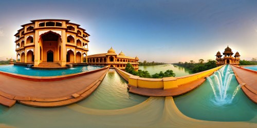 A flawless, ultra high-resolution depiction of a cascading azure water fountain emerging from an Indian palace, flowing gracefully into a serene river, creating a stunning, picturesque scene of perfection.