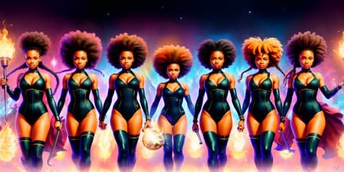 four african american women wearing leotards. they are sorceresses: one has dreadlocks. she is carrying a glowing mace