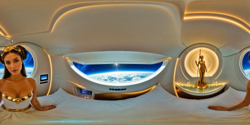 Luxurious, flawlessly-detailed spacecraft bedroom in ultra-high definition, sleek metallic surfaces reflecting ambient light, futuristic holographic interfaces showcasing galaxies in stunning detail, a regal statue of Slave Leia adorning the bedside, evoking opulent sci-fi elegance.