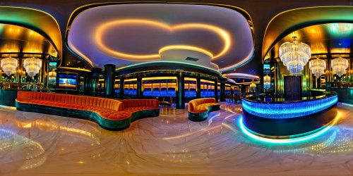 An opulent and glamorous night club in Europe filled with glimmering crystal chandeliers, sleek marble floors, plush velvet seating, dazzling neon lights, and a pulsating dance floor, a perfect symphony of luxury and style captured in flawless Ultra High Res.