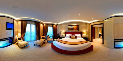 A flawless, ultra-high resolution depiction of a luxurious bedroom with a grand matrimonial bed, a sleek television mounted on the wall, a window to the left, and an elegant door to the right, bathed in soft, ambient lighting, showcasing impeccable attention to detail and texture.