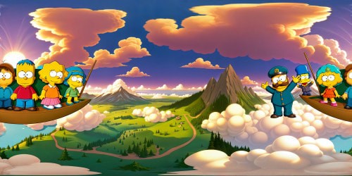 A mesmerizing synergy of South Park and The Simpsons, a celestial marvel soaring amidst heavenly clouds in flawless ultra high-definition, merging their iconic realms with vivid imaginative flair.