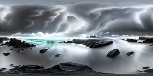 VR360: ultra high-res masterpiece, stormy grey beach, pebble-strewn shore, towering charcoal clouds, ivory foam on graphite waves, turbulent skies mirrored in tidal pools. Style: realism, chiaroscuro contrasts, intricate details, gloomy hues. Perfect VR360 scene for storm chasers.