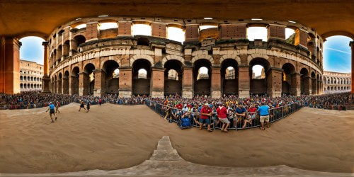 A flawless, ultra-high-resolution rendition of the Roman Colosseum, bustling with a grand spectacle of epic gladiatorial combat, surrounded by a sea of spectators filling the stands, captured from a seated vantage point amidst the electrifying atmosphere.