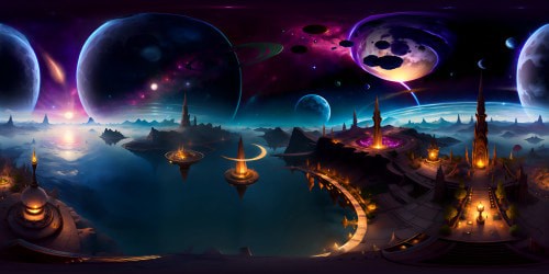 Worlds with planets in the sky lake in the middle and mountains with a giant moon