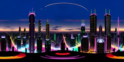 Cutting-edge VR360 megacity, night-time aura, obsidian skyscrapers punctuating starlit sky. Neon luminescence, mirrored reflections on glass-towers. Ultra-high-resolution digital art style, VR360 seamless panorama. Futuristic cityscape, pixel perfection, masterpiece-quality.