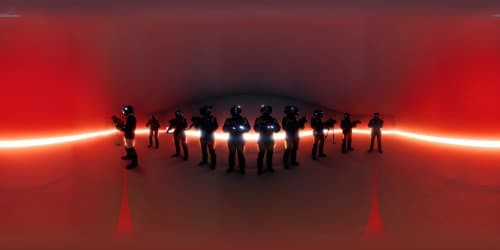 a group of males in all red jumpsuits and wearing the hat of jumpsuit, wearing a all black mask with a triangle on the mask. they are carring guns and standing in a white room