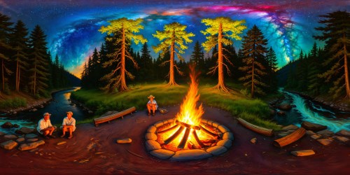 A flawless, ultra-high-resolution scene of a mesmerizing campfire glowing beneath a vibrant, colorful galaxy-filled sky, enveloped by towering trees next to a babbling stream in the heart of the wooded forest.