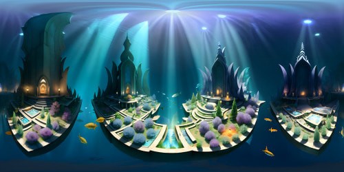 Watercolor style, soft light diffusion, VR360 aquamarine underwater vista. Boat silhouette overhead, sleek shapes of fish beneath, ethereal rays of sunlight piercing through. High-res details: distinct fish scales, timeworn boat texture. VR360 immersion, impressionist masterpiece.