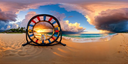 A flawlessly rendered VR360 masterpiece captures a vibrant Pixar-style hamster wheel on a high-gloss steel stand against a sunset-kissed beach, where ominous thunderclouds loom on the horizon, lightning forking across the sky. This ultra high-resolution scene merges seashore serenity with the thrilling energy of an approaching storm, detailed to perfection for maximum immersive engagement, showcasing the hamster's playful motion amidst nature's awe-inspiring show of intricate drama.