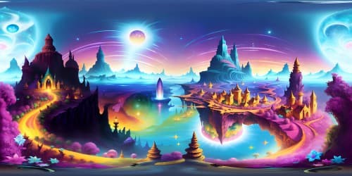 Masterpiece VR360, ultra HD magic, vibrant celestial enchantments. Surreal Dali-inspired patterns, Pixar-style hues. Illuminated pixie-glow, nebulous astral elements in VR360 canvas. Transformative color, intricate brushwork, mesmerizing illusion.