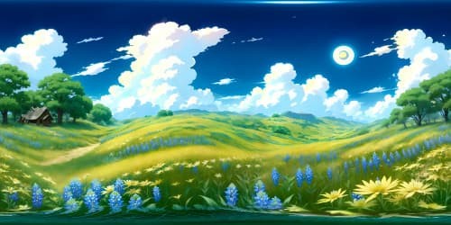 VR360 masterpiece, ultra high-res, the essence of Texas. Expansive, wild prairies, bluebonnets in swathes, immense, sun-scorched skies. Lone star, gleaming dusk, cosmic array. Digital painting style, realistic with a classic touch.