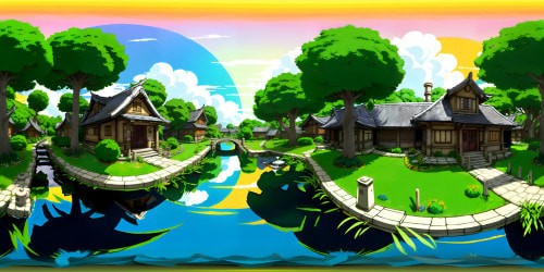 VR360 view: Naruto-inspired, Hidden Leaf village panorama, Konoha's Hokage monument, moonlight shadows, glowing lanterns. Style: anime, vivid colors, sharp contrasts, ultra-high resolution, sweeping lines, amplified textures. Masterpiece quality, immersive VR360 Naruto universe.