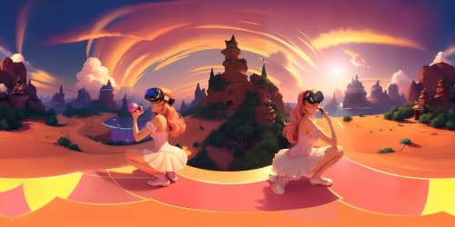 Ultra-high-res VR360 masterpiece, pink, Pixar-styled princess figures donning rosy leotards, glittering tiaras, graceful squatting posture. Ethereal sky backdrop, enhancing enchanting cartoon elegance.