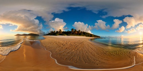 A pristine sandy beach at golden hour, scattered seashells glinting in the warm sunlight, gentle waves lapping the shore, intricate textures of sun-kissed sand, a hint of salt in the air, evoking the essence of a serene coastal paradise.