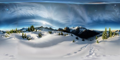 VR360 ultra high-res, ultrarealistic forest valley panorama, snow-dusted mountains, tree blanket, starry night sky, northern light wonders. Remote wilderness, moon-shadowed mountain range, soft light illumination. Masterpiece quality, VR360 exquisite detailing, mountain-peak moon peeping, subtle snow sparkle.