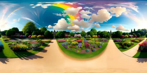 Ultra-HD, floral masterpiece tropical, elevated view, skyview of a VR360 botanical garden, vibrant, rainbow-hued array of blossoms. Minimalist foreground, emphasis on grand, sprawling flora vista. Style: Realism with a whimsical touch, color intensity heightened for VR360 allure.