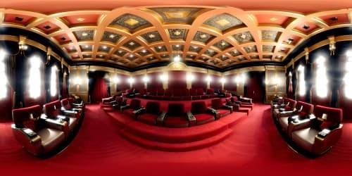 Ultra high-res VR360, opulent grand cinema, 12 rows deep. Gilded embellishments, plush red velvet seats, dramatic drapery, Rococo-style detailing. Giant silver screen under an embossed ceiling. Vibrant Pixar-style artistry.