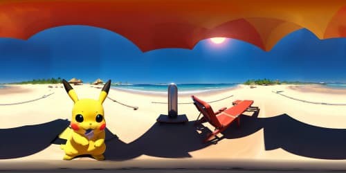 Pikachu wears a sunglasses and lying on a beach bench