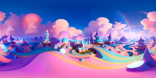 Ultra high-res VR360 scene, fluffy cotton candy clouds, pastel rainbow horizon. Pastel-hued, cute Pixar-style universe, dreamy stars sprinkle. Masterpiece VR360 view, soft glowing sun, whimsical floating islands.