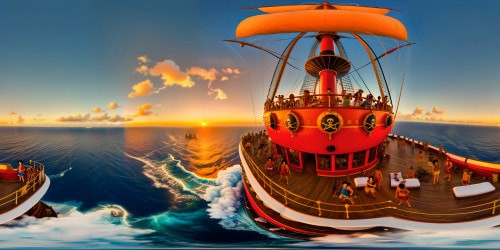 A stunning ultra high-resolution masterpiece portraying the iconic Luffy and the One Piece crew on a flawless, detailed ship deck at sunset, billowing sails, intense colors, vast ocean panorama, epitome of epic adventure.