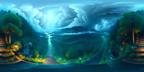 sky view Masterpiece quality VR360, ultra high-res. Stormy sky, deluge of rain, dark night. Tree canopy panorama, hillside forest, swept in rain. Immersive VR360 view, great expanse of overridden night sky.