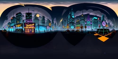 Gotham City, dark, neo-noir style, imposing skyscrapers, moonlit silhouette, VR360 panorama. Sleek Bat-signal, cloudy night sky, eternal darkness. Ultra high-res VR360, gothic architecture, rain-washed streets, reflective surfaces, neon cityscape. Masterpiece quality, comic book aesthetic.