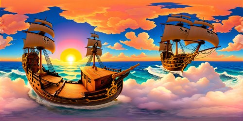 A breathtakingly detailed, flawless masterpiece of the pirate ship "Going Merry" from the anime "One Piece," set against a vibrant sunset on the open seas, featuring intricate woodwork, billowing sails, and glistening ocean waves in ultra-high resolution perfection.