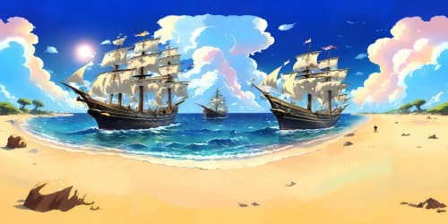 One Piece theme, grand pirate ship, celestial ocean, vibrant treasure islands, Jolly Roger flags, high-contrast anime style, ultra HD resolution, VR360 experience