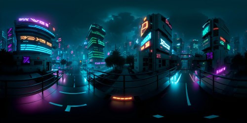 Anime-style cyberpunk cityscape VR360, towering megascrapers, intricate skybridge network. Neon glow from billboards, dynamic light reflections on metallic surfaces. Hyper-realistic texture detail, ultra-high resolution, VR360 cybernetic masterpiece. Optimal color saturation, high-quality VR360 experience.
