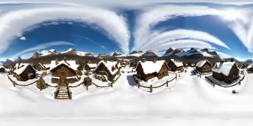 Ultra high-resolution masterpiece, snow-capped mountain village, natural light in VR360 beauty, Pixar-style. Cinematic atmosphere, textured stone cottages, powder white landscape. Azure skies, staggering peaks, VR360 panoramic immersion, snowflakes dusting rooftops.