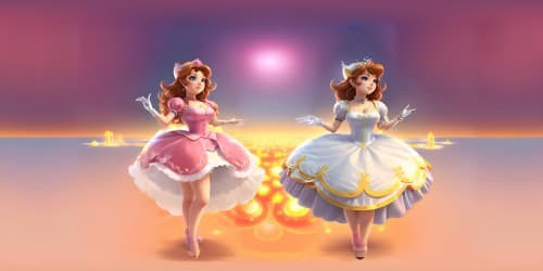 Princess Daisy(in brown hair) and Princess Peach (in pink dress) (supermario character)