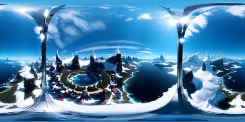 Gargantuan ice wall encasing, casual surreal art style, flat Earth perspective, ultra-high resolution, viewed from VR360 cosmic vantage, glassy polar plateaus, VR360 masterpiece.