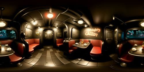 VR360 game scene, Five Night at Freddy's restaurant, U.S. 90s fast food elements. Dimly lit, eerie ambiance, scary mechanical teddy bear looming, dark brown, foreboding. Ultra-high-res, masterpiece visuals, best quality render. VR360 experience, classic horror blended with vintage charm.