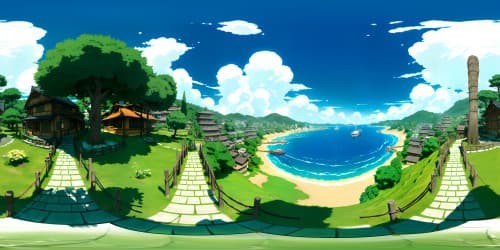 Naruto-style, Hidden Leaf Village panorama, Hokage Rock, tangled trees, ramen cart, VR360 anime spectacle. High-res, technicolor brilliance, vivid, expansive, immersive VR360 Naruto universe. Masterpiece quality, ultra-detailed.