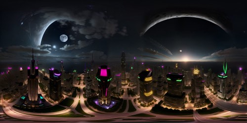 Moon-based metropolis, VR360 lunar skyline, Crater skyscrapers. Glossy monochrome, VR360 masterpiece style. Ultra HD clarity, pixel-perfect cityscape. Bird-inspired, aerial acrobat drones. Absence of gravity, playfulness. Moonlit, ethereal illumination.