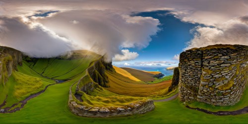 A flawless, ultra-high-resolution masterpiece capturing the enchanting beauty of the emerald landscapes of Ireland, featuring rolling hills, ancient stone walls, vibrant patches of heather, sparkling streams, majestic cliffs, and a dreamy mist hovering over the scene.